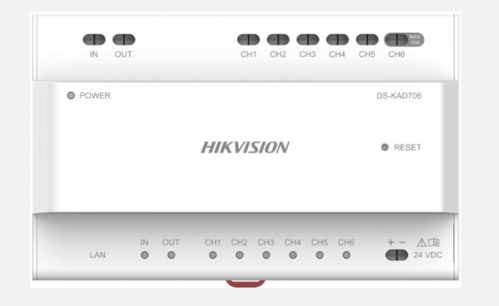 Distribuitor audio video pentru sisteme de videointerfonie cu conexiune pe 2 fire Hikvision DS-KAD706, 6 canale de alimentare( include un canal cu putere maxima de 16W), interfata retea: 1, RJ45, alim