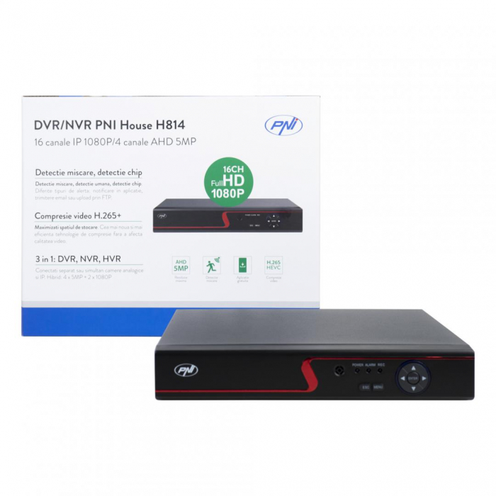 DVR NVR PNI House H814 - 16 canale IP full HD 1080P sau 4 canale analogice 5MP, Numar canale video: 4 canale, Compresie video: H.265, rEZOLUTIE: Analog: 4 x 5MP IP: 16 x 1080P 8 x 5MP Hibrid: 4 x