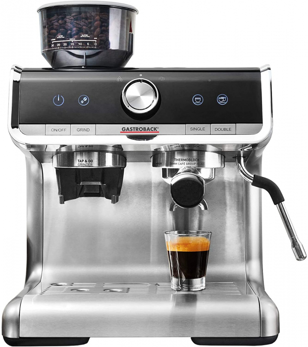 Espressor Barista Pro Gastroback 42616, Rezervor apa 2l, Duza rotativa de spumare de lapte 360 , , 15 bar, Control electronic, Rasnita integrata, Inox