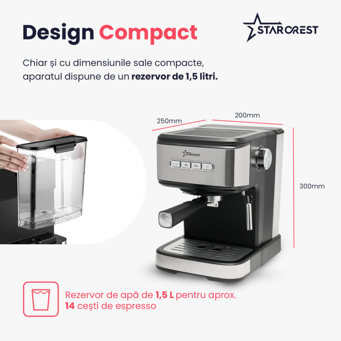 Espressor STARCREST SEM-850SLBK, 850W, 20 bar, rezervor detasabil 1.5L, dispozitiv spumare, filtru dublu din inox, Negru/Inox [5]