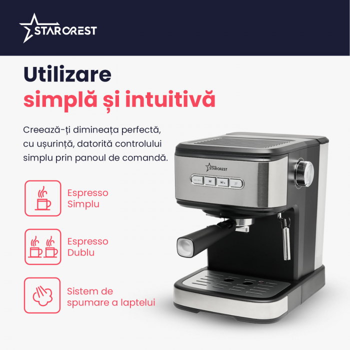 Espressor STARCREST SEM-850SLBK, 850W, 20 bar, rezervor detasabil 1.5L, dispozitiv spumare, filtru dublu din inox, Negru/Inox [4]