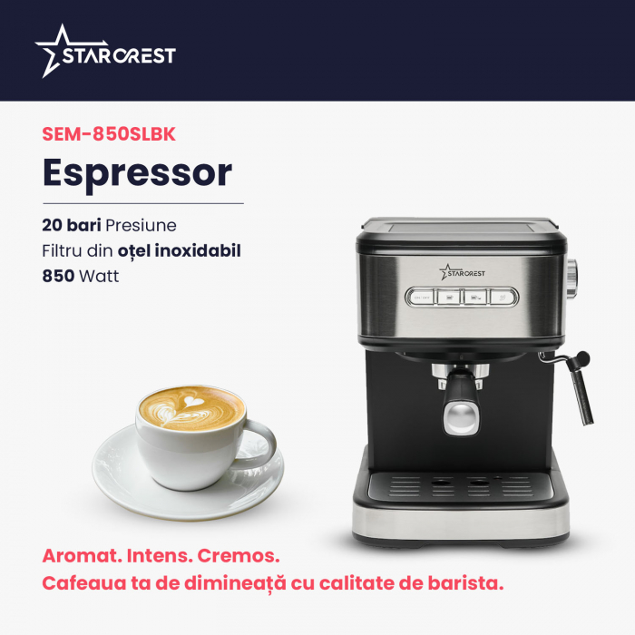 Espressor STARCREST SEM-850SLBK, 850W, 20 bar, rezervor detasabil 1.5L, dispozitiv spumare, filtru dublu din inox, Negru/Inox [2]