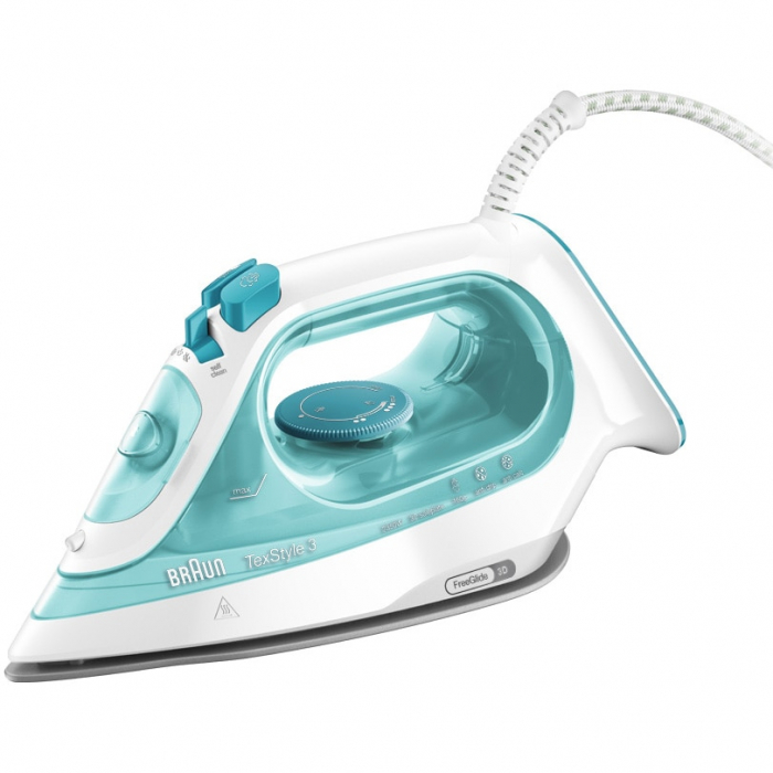 Fier de calcat Braun TexStyle 3 SI3041GR, 2350 W, abur variabil 45g min, jet de abur 150g min, rezervor 270 ml, tehnologie FreeGlide 3D, talpa Super Ceramic, Alb Verde