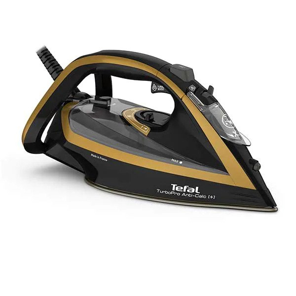 Fier de calcat TEFAL Turbo Anti-Calc FV5696E1, 3000W, 270g min, 270ml, talpa Durilium AirGlide, Negru-Auriu