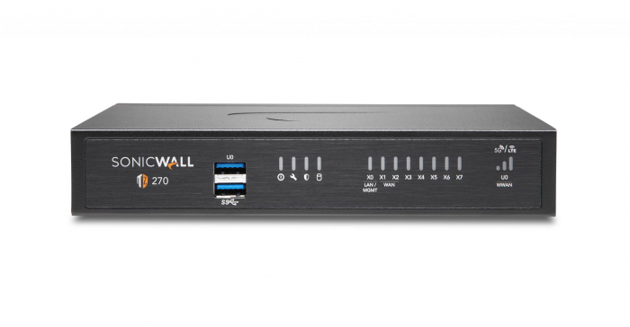 Firewall SonicWall model TZ270 8xGbE 2xUSB 3.0 firewall throughput2Gbps, IPS throughput 1Gbps, VPN throughput 750Mbps, maxim 50 clientiSSL VPN, rackmount kit separat (02-SSC-3113), PSU alimentator (36