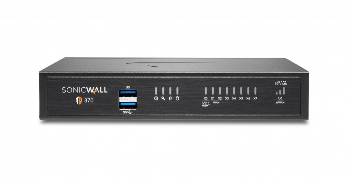 Firewall SonicWall model TZ370 8xGbE 2xUSB 3.0 firewall throughput 3Gbps, IPS throughput 1.5Gbps, VPN throughput 1.3Gbps, maxim 100 clienti SSL VPN, rackmount kit separat (02-SSC-3113), PSU alimentato