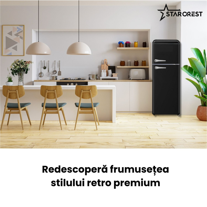 Frigider cu 2 usi retro STARCREST SRF-208BK, 208 L, Clasa E, Design Vintage, Iluminare LED, Termostat Reglabil, H 147 cm, Negru [7]