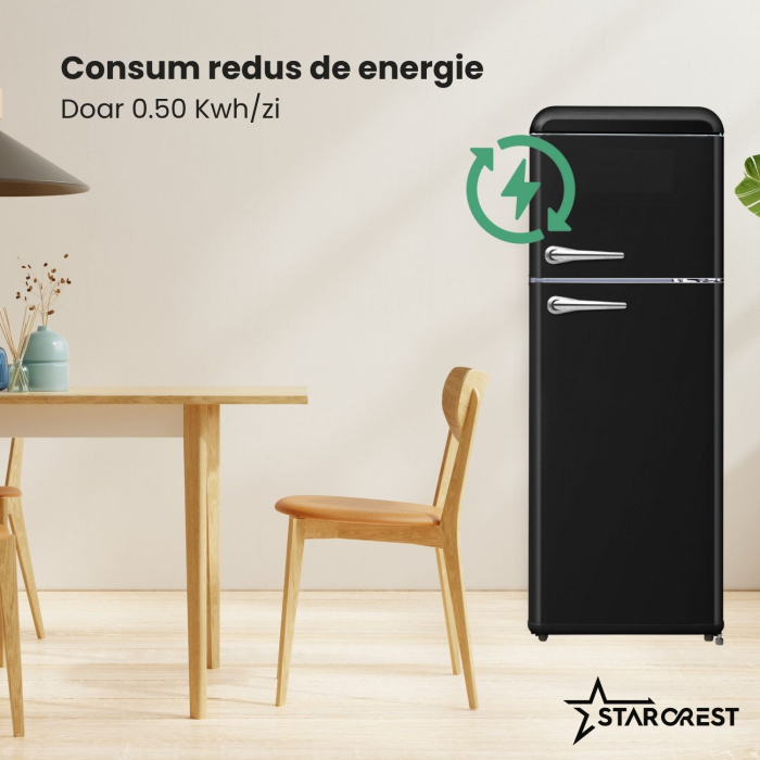 Frigider cu 2 usi retro STARCREST SRF-208BK, 208 L, Clasa E, Design Vintage, Iluminare LED, Termostat Reglabil, H 147 cm, Negru [4]