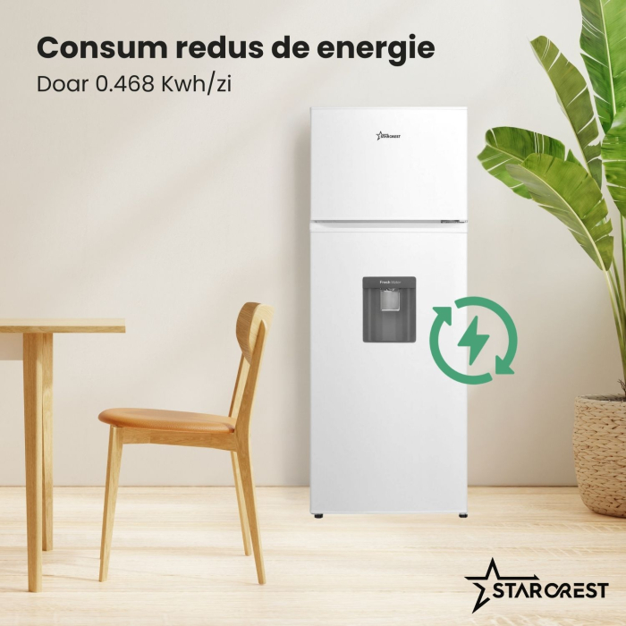 Frigider cu 2 usi STARCREST SF-203WD-WHE, 203 L, Clasa E, Dozator Apa, Iluminare LED, Termostat Ajustabil, Usi reversibile, H 145 cm, Alb [4]