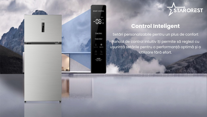 Frigider cu doua usi STARCREST SF-497NF-IX, 497 L, Full NoFrost, Compresor Inverter, Clasa E, Display, Functie super racire, Blocare acces copii, H 175 cm, Inox [8]
