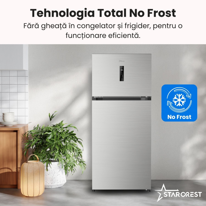 Frigider cu doua usi STARCREST SF-497NF-IX, 497 L, Full NoFrost, Compresor Inverter, Clasa E, Display, Functie super racire, Blocare acces copii, H 175 cm, Inox [6]