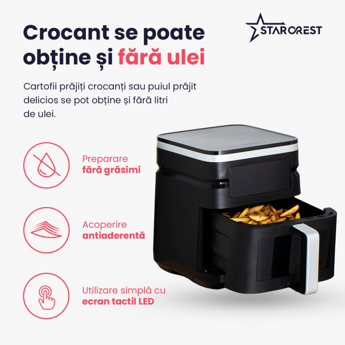 Friteuza cu aer cald STARCREST SFR-7020WBK, 7 Litri,  2 Elemente incalzire superioara / inferioara, 2000 W, Termostat 80 - 200 °C, 12 programe predefinite, Negru [3]