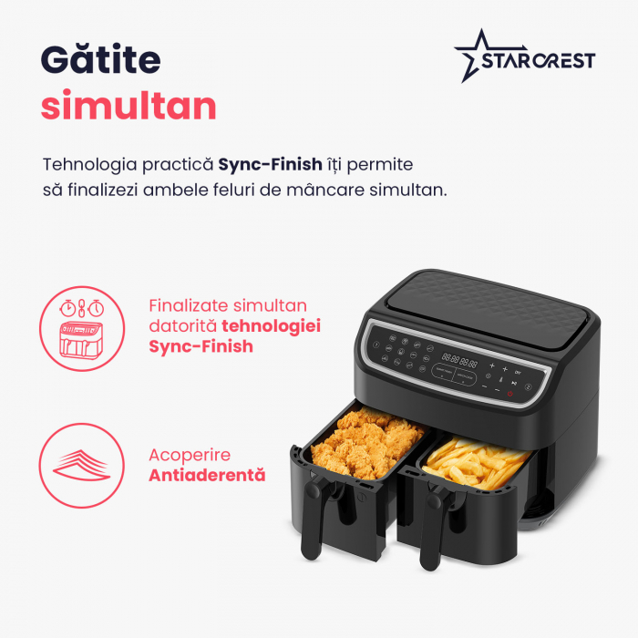 Friteuza cu aer cald STARCREST SFR-9024BK, 2400 W, Cos Dublu, 9 litri, Termostat 80 - 200 °C, 12 programe, Negru [8]