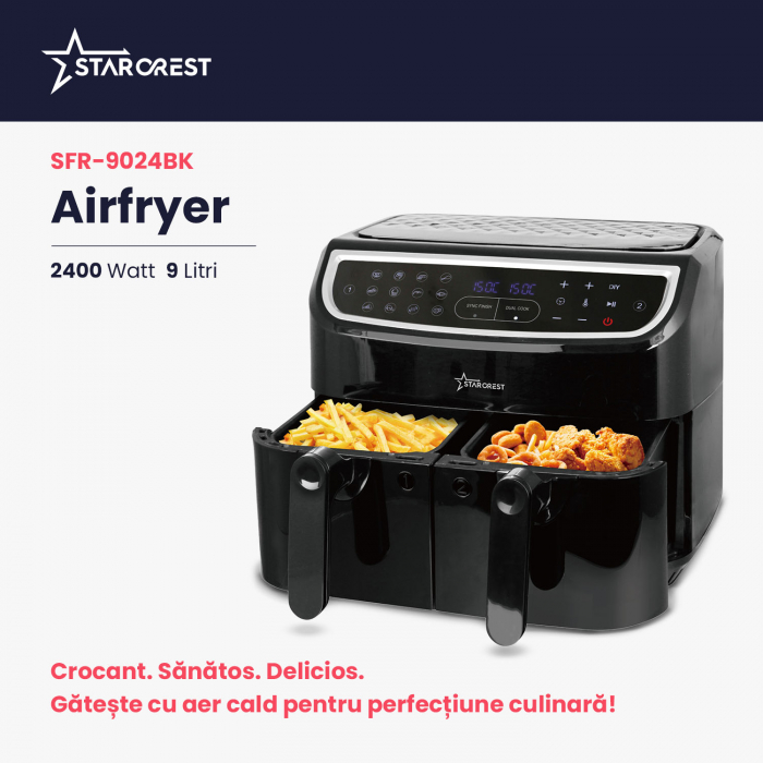 Friteuza cu aer cald STARCREST SFR-9024BK, 2400 W, Cos Dublu, 9 litri, Termostat 80 - 200 °C, 12 programe, Negru [3]