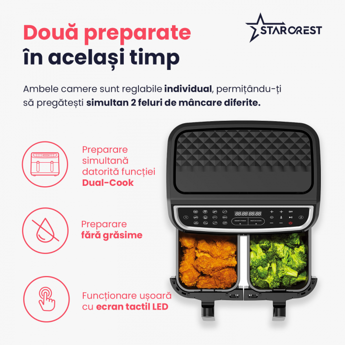 Friteuza cu aer cald STARCREST SFR-9024BK, 2400 W, Cos Dublu, 9 litri, Termostat 80 - 200 °C, 12 programe, Negru [4]