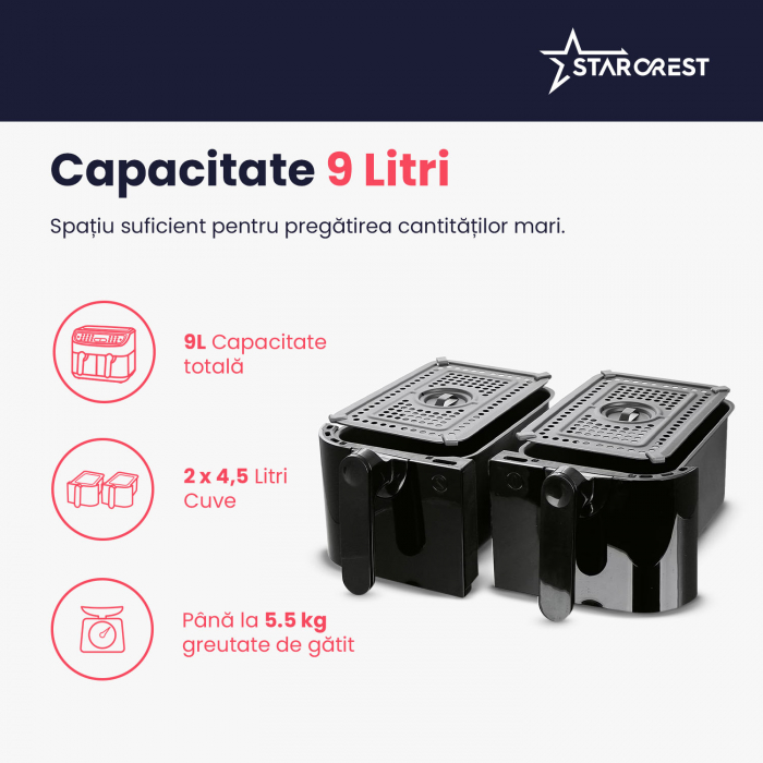 Friteuza cu aer cald STARCREST SFR-9024BK, 2400 W, Cos Dublu, 9 litri, Termostat 80 - 200 °C, 12 programe, Negru [7]