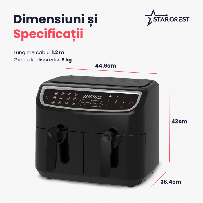 Friteuza cu aer cald STARCREST SFR-9024BK, 2400 W, Cos Dublu, 9 litri, Termostat 80 - 200 °C, 12 programe, Negru [9]
