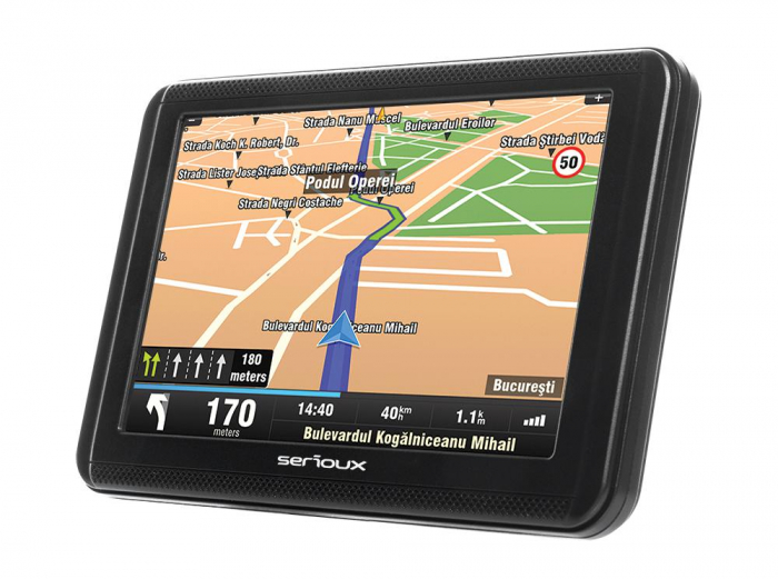 GPS Serioux, Urban Pilot UPQ500, 5.0 TFT, rezolutie: 800 480, Mstar2531 800MHz, 256 MB DDR3 RAM, memorie interna 8GB, baterie 950mAh, radio FM, suport card microSD , fara harta