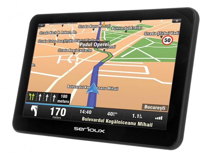 GPS Serioux, Urban Pilot UPQ700, 7.0 TFT, rezolutie: 800 480, Mstar2531 800MHz, 256 MB DDR3 RAM, memorie interna 8GB, baterie 1600mAh, radio FM, suport card microSD , fara harta