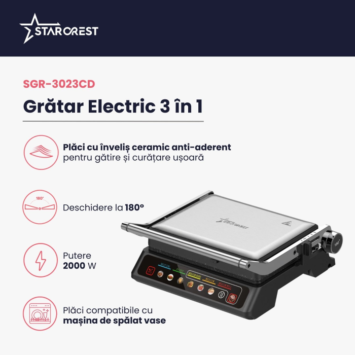 Gratar electric 3 in 1 STARCREST SGR-3023CD, 2000 W, 3 tipuri de placi detasabile cu invelis ceramic, Control digital, 7 moduri de gătire presetate, Suprafata de gatire 30 x 23 cm, Spatula curatare [3]
