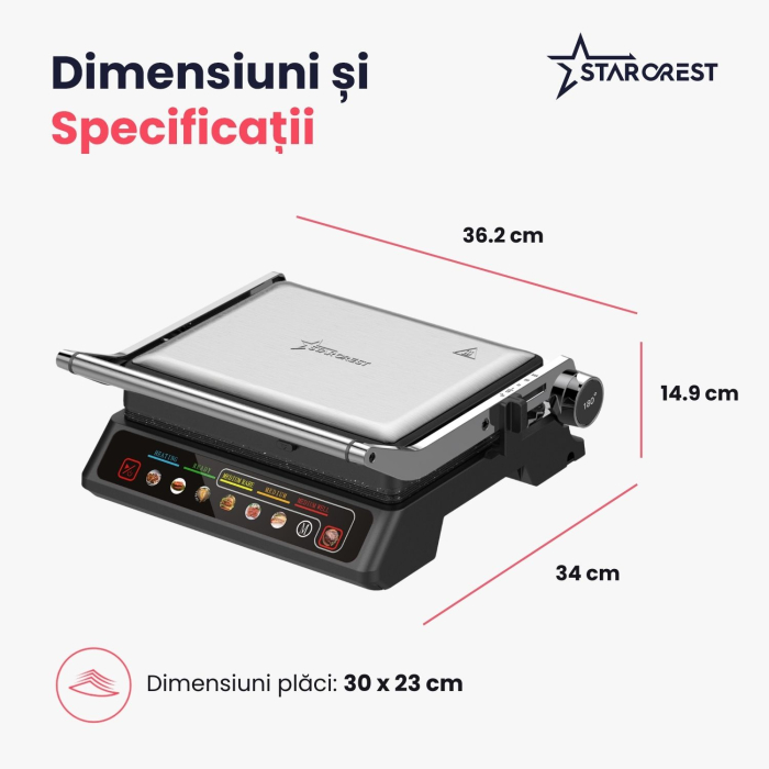 Gratar electric 3 in 1 STARCREST SGR-3023CD, 2000 W, 3 tipuri de placi detasabile cu invelis ceramic, Control digital, 7 moduri de gătire presetate, Suprafata de gatire 30 x 23 cm, Spatula curatare [10]