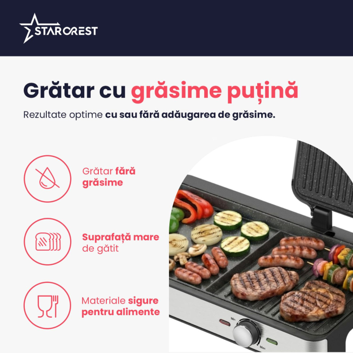 Gratar electric STARCREST SGR-4423, 2100 W, Termostat reglabil, Placi cu invelis ceramic tip grill/neted, Suprafata de gatire 44 x 23.5 cm, Spatula curatare, Negru/Inox [5]