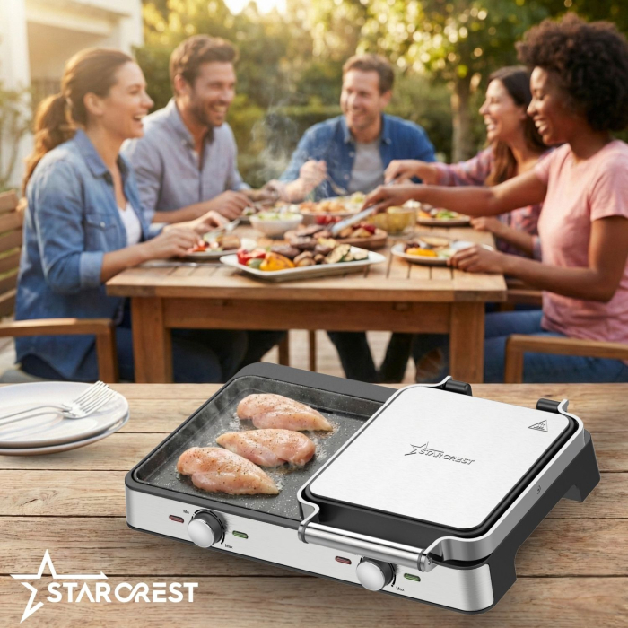 Gratar electric STARCREST SGR-4423, 2100 W, Termostat reglabil, Placi cu invelis ceramic tip grill/neted, Suprafata de gatire 44 x 23.5 cm, Spatula curatare, Negru/Inox [7]