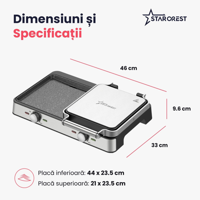 Gratar electric STARCREST SGR-4423, 2100 W, Termostat reglabil, Placi cu invelis ceramic tip grill/neted, Suprafata de gatire 44 x 23.5 cm, Spatula curatare, Negru/Inox [8]