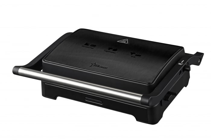 Sandwich-maker Grill Panini STARCREST SGR-2424BX, 1000 W, Placi Grill Ceramice, Deschidere 180  , Suprafata de gatire 23 x 14 cm, Negru Dark inox