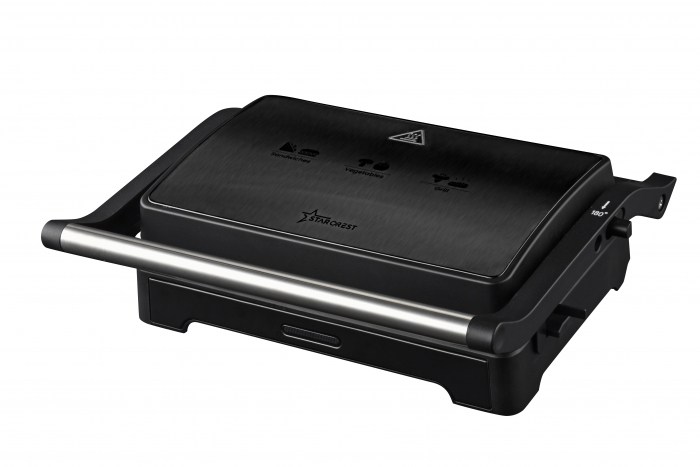 RESIGILAT - Sandwich-maker Grill Panini STARCREST SGR-2424BX, 1000 W, Placi Grill Ceramice, Deschidere 180 , Suprafata de gatire 23 x 14 cm, Negru Dark inox