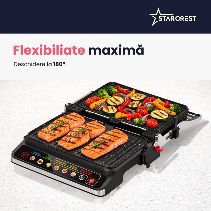 Gratar electric STARCREST SGR-2818CD, 1600 W, Placi detasabile cu invelis ceramic, Control digital, 7 moduri de gătire presetate, Deschidere la 180°, Suprafata de gatire 28.8 x 18.4 cm, Spatula curata [5]