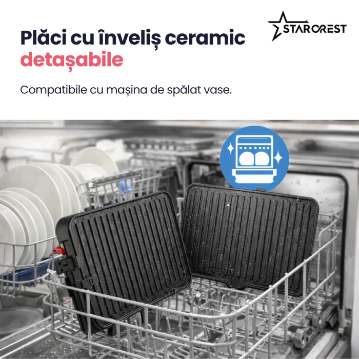 Gratar electric STARCREST SGR-2818CD, 1600 W, Placi detasabile cu invelis ceramic, Control digital, 7 moduri de gătire presetate, Deschidere la 180°, Suprafata de gatire 28.8 x 18.4 cm, Spatula curata [6]