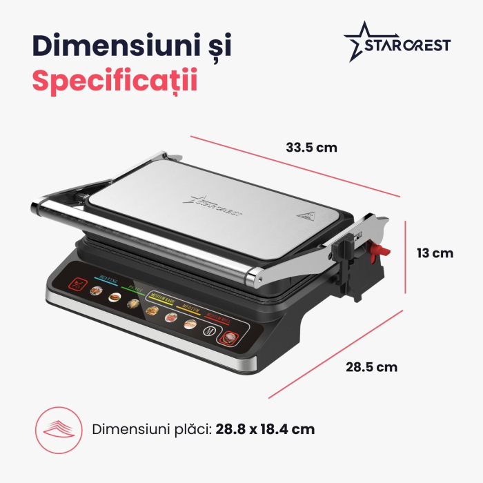 Gratar electric STARCREST SGR-2818CD, 1600 W, Placi detasabile cu invelis ceramic, Control digital, 7 moduri de gătire presetate, Deschidere la 180°, Suprafata de gatire 28.8 x 18.4 cm, Spatula curata [9]