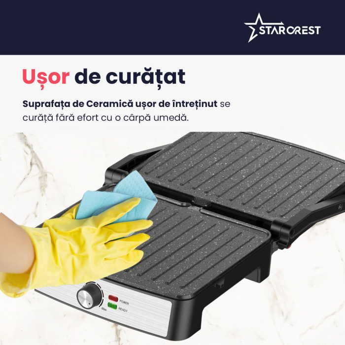Gratar electric STARCREST SGR-2923, 2200 W, Placi grill cu invelis ceramic, Termostat reglabil, Deschidere la 180°, Suprafata de gatire 29 x 23 cm, Spatula curatare, Negru/Inox [6]