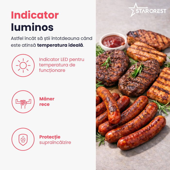 Gratar electric STARCREST SGR-2924BX, 2200 W, Placi grill cu invelis ceramic, Termostat reglabil, Timer, Deschidere la 180°, Suprafata de gatire 29 x 24 cm, Spatula curatare, Negru/Inox [7]