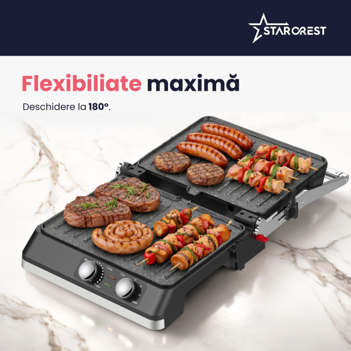 Gratar electric STARCREST SGR-2924BX, 2200 W, Placi grill cu invelis ceramic, Termostat reglabil, Timer, Deschidere la 180°, Suprafata de gatire 29 x 24 cm, Spatula curatare, Negru/Inox [5]