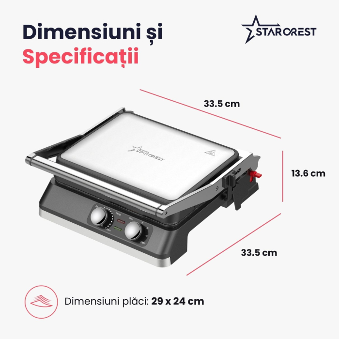 Gratar electric STARCREST SGR-2924BX, 2200 W, Placi grill cu invelis ceramic, Termostat reglabil, Timer, Deschidere la 180°, Suprafata de gatire 29 x 24 cm, Spatula curatare, Negru/Inox [9]