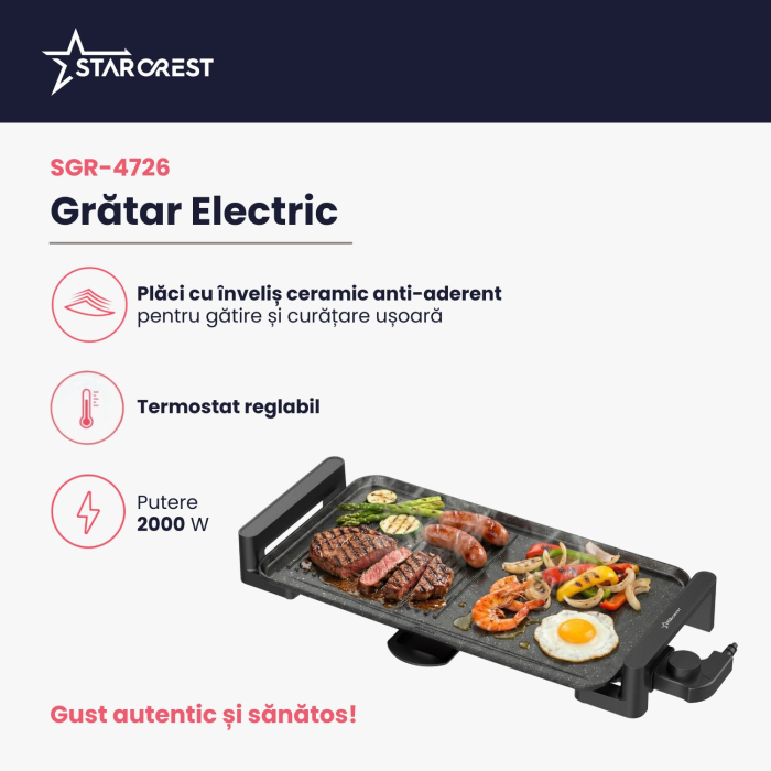 Gratar electric STARCREST SGR-4726, 2000 W, Termostat reglabil, Placa cu invelis ceramic tip grill/neted, Suprafata de gatire 47 x 26.5 cm, Negru/Inox [3]