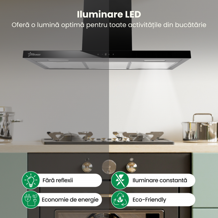 Hota incorporabila decorativa STARCREST SDH-9100X, Putere de absorbtie 800 m3/h, Control touch, Iluminare LED, Clasa B, 90cm, Negru + Sticla neagra [3]