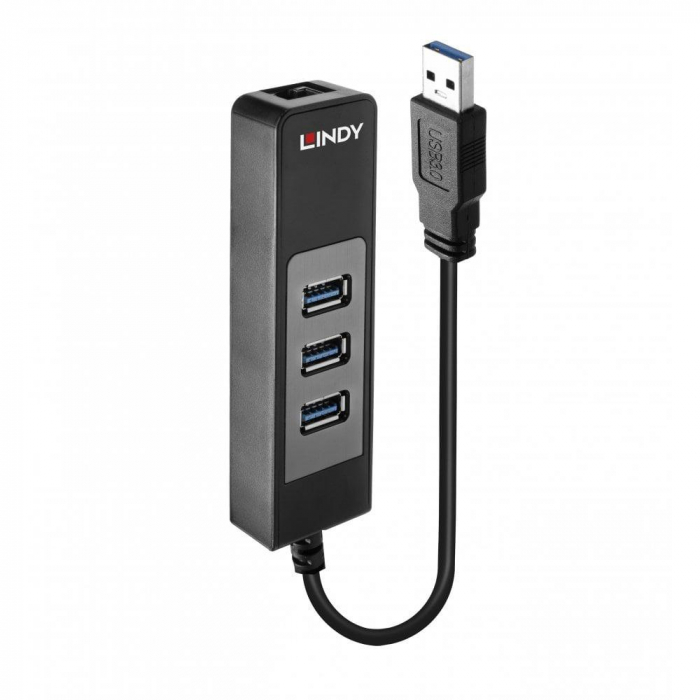 Hub USB Lindy LY-43176, 3 porturi 3.0 + Ethernet, negru