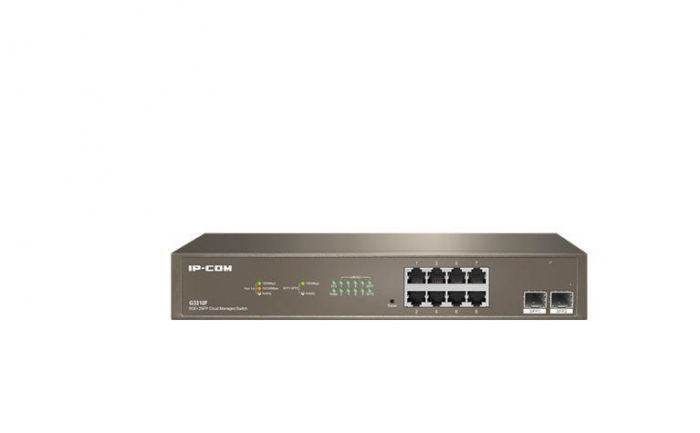 IP-COM 10-Port Gigabit Ethernet managed switch, G3310F; Network standard: IEEE 802.3, IEEE 802.3u, IEEE 802.3ab, IEEE 802.3x, IEEE 802.3z, and IEEE 802.1p q w d, Interface: 8 x 10 100 1000Base-T Ether