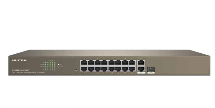 IP-COM switch F1218P-16-250W, 16-Port 10 100Mbps + 2 Gigabit + 1 SFP, 16 10 100 Mbps Base-TX RJ45 ports (Data Power), 2 10 100 1000 Mbps Base-T RJ45 ports (Data), 1 10 100 1000 Mbps Base-X SFP p