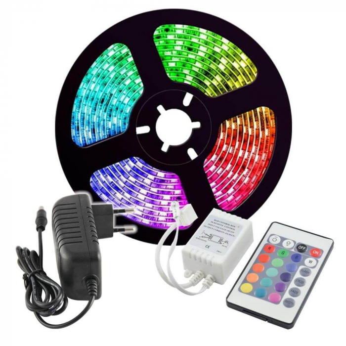 Kit Banda LED RGB Vivalux BAGRA, 3 metri, 14.4W, 30 SMD LED m, 230V, lumina alba si color, dimabila, 15000h, 120 , IP20, + telecomanda