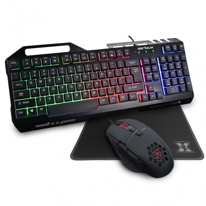 Kit Gaming Serioux Tobis 3 in 1, Tastatura de gaming, 104 taste, 7 taste Anti-ghosting, design slim, iluminare rainbow, structura metalica + taste negre, suport telefon, cablu USB 1.5M PVC, plug and p