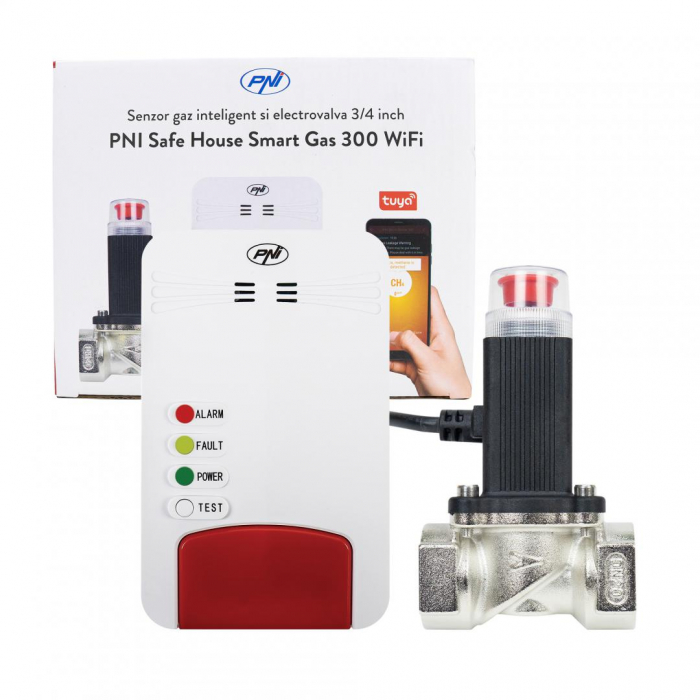 Kit senzor gaz inteligent si electrovalva PNI Safe House Smart Gas 300 WiFi cu alertare sonora, aplicatie de mobil Tuya Smart, integrare in scenarii si automatizari smart cu alte produse compatibile T