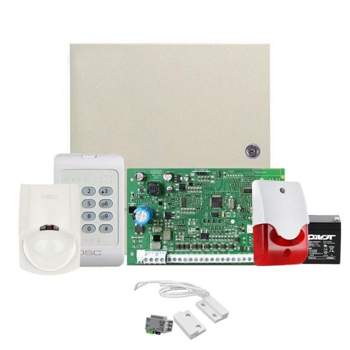 Kit sistem de alarma alcatuit din: 1 x Centrala PC 1616, 1 x tranformator 30VA AWT830E, 2 x detector RXC-ST, 1 x sirena de exterior BS-OS359, 2 x acumulator 12V 5Ah.
