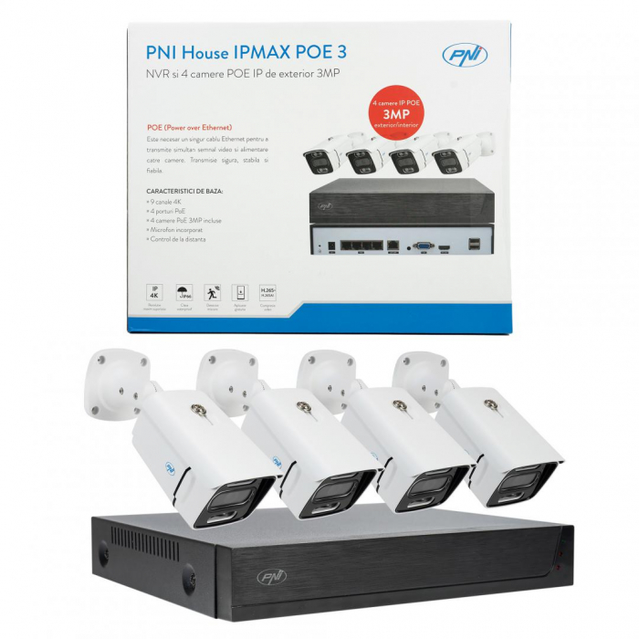 Kit supraveghere video PNI House IPMAX POE 3, NVR cu 4 porturi POE, ONVIF si 4 camere cu IP 3MP, de exterior, Power over Ethernet, detectie chip, detectie miscare, 4 cabluri, alimentator, mouse, iNTRA