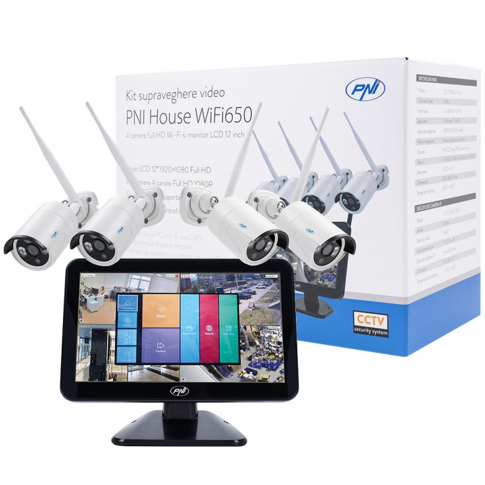 Kit supraveghere video PNI House WiFi650 - 4 camere Full HD Wi-Fi P2P si monitor LCD 12 inch, Intrari video: 4 x 1080P (25FPS), Iesiri video:1 x VGA, 1 x HDMI, Rezolutie: 1080P Full HD, Compresie vide
