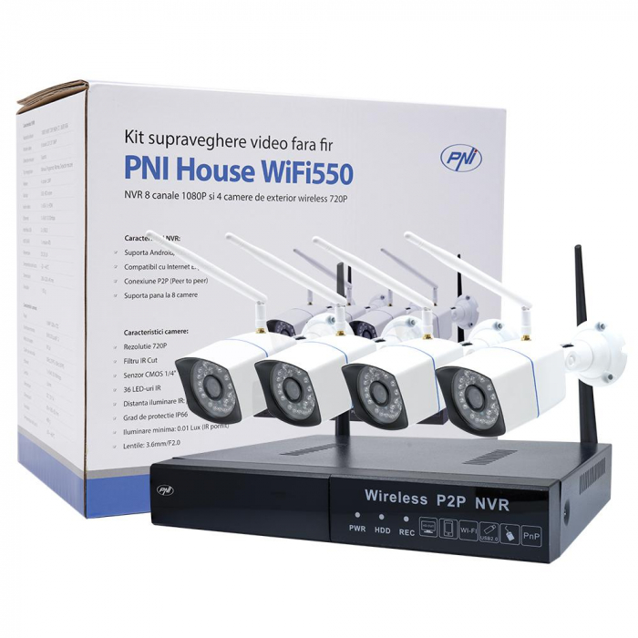 Kit supraveghere video PNI PNI-WF550 House WiFi550 NVR 8 canale 1080P si 4 camere wireless de exterior 720P, P2P, IP66, iESIRI vIDEO: 1 x VGA, 1 x HDMI, Rezolutie redare: 4 x 960P, Compresie video: H.
