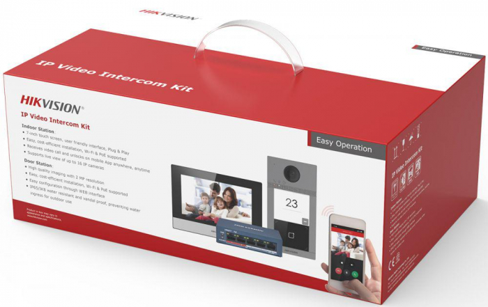 Kit videointerfon IP Hikvision DS-KIS604-S(B), pentru o singura familie, WIFI si monitor interior de 7 inch color, kitul contine: DS-KV8113-WME1 ...